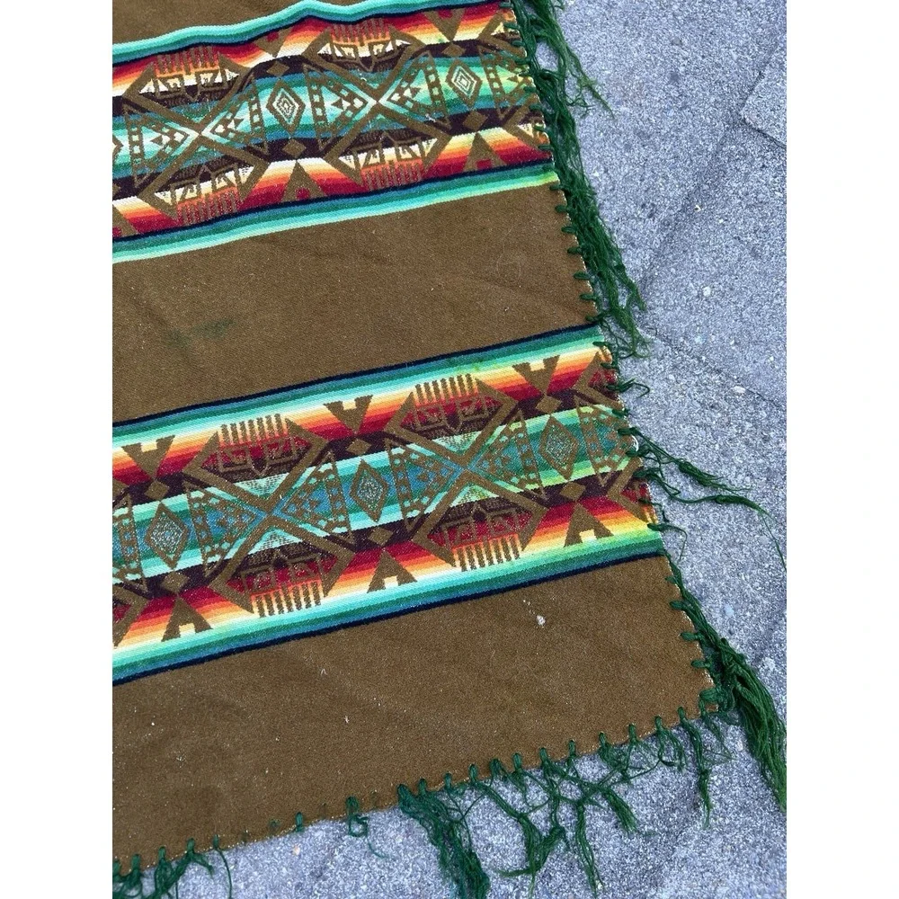 Vintage‎ Pendleton Wool Beaver State Aztec Blanket Throw Shawl Brown Green 60x66